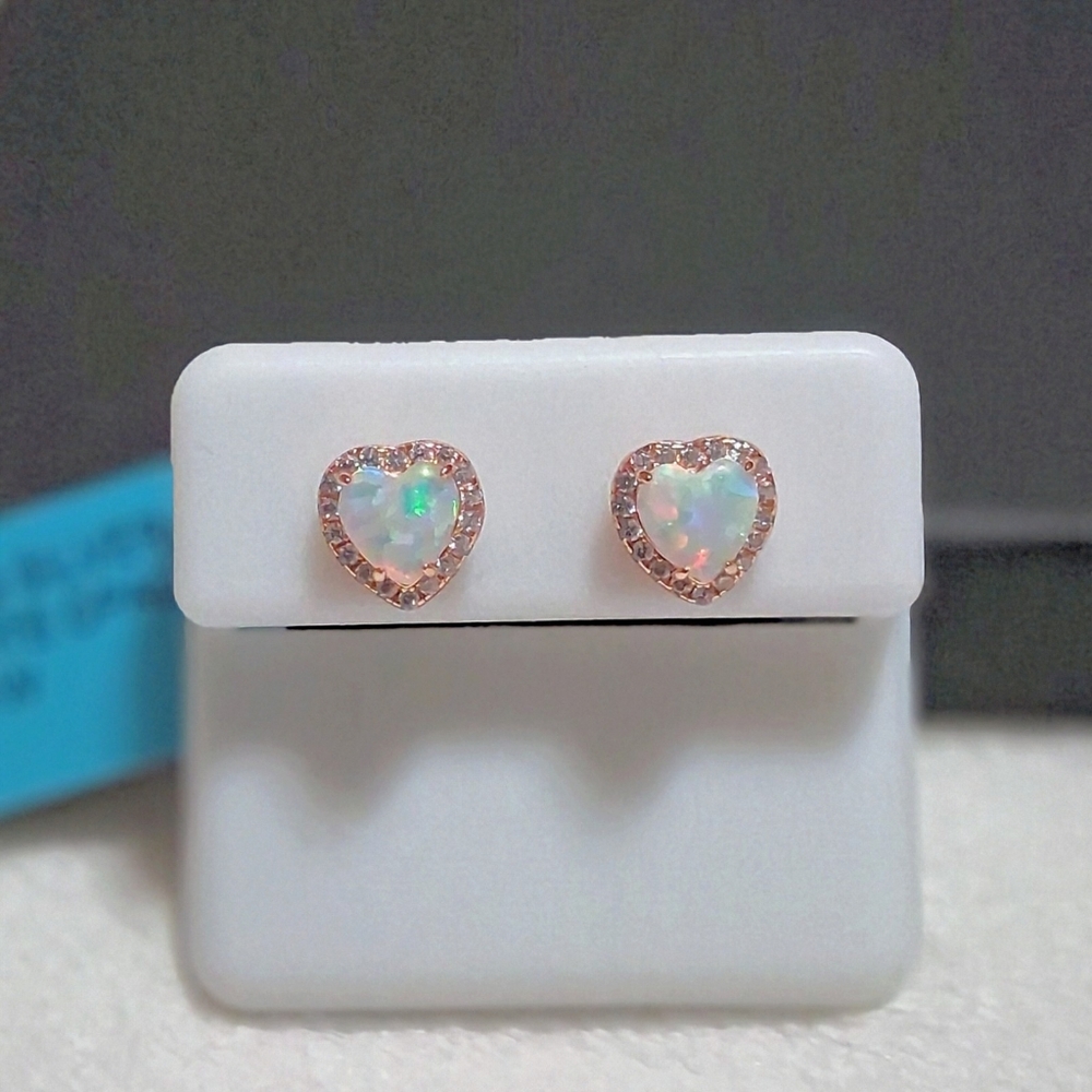 Rose Gold Over S925 White Opal Cushion Hearts Set In AAA CZ's Earrings